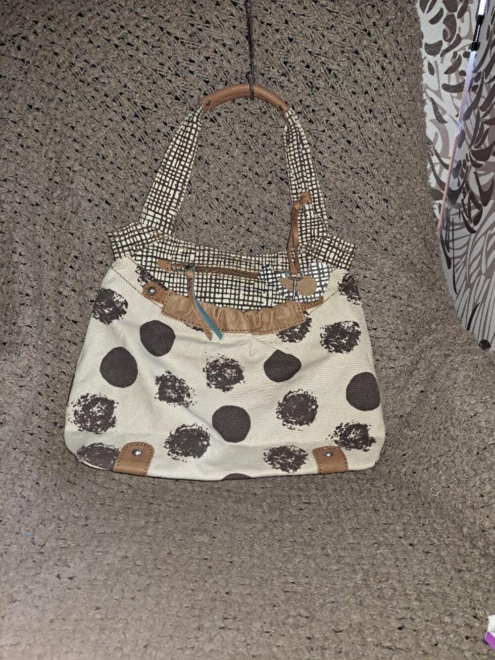 FOSSIL-Canvas/Leather Hobo Bag-Cream/Brown-2 Bag Charms-New/No Tags